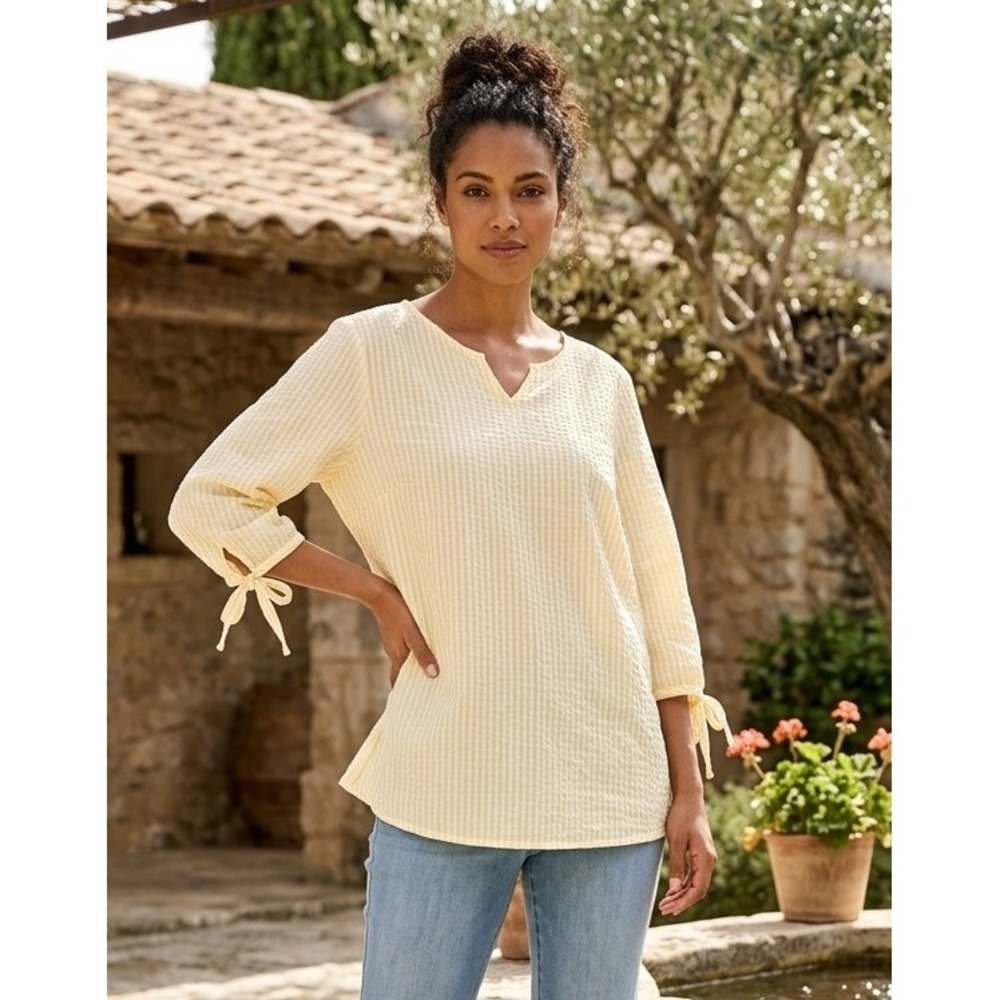 Blair Striped Seersucker V-Neck Tunic Top Women's L Tie Sleeve Vacation Coastal